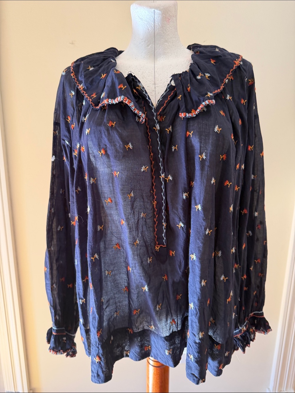 Doen Navy Embroidered Ruffle-Neck Blouse